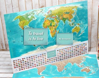 Scratch Off Travel Map - World Map Poster with Push Pins - 34.6” x 25.2” Gift for Him & Her
