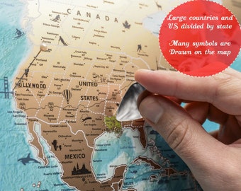 World Map Scratch off Travel Map Poster with Push Pins - Wall Art Gift for Him & Her Valentines Day Gift - 35” x 25”