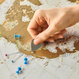Personalized Travel Map of the World Scratch off with Push Pins - Custom World Map Scratch off