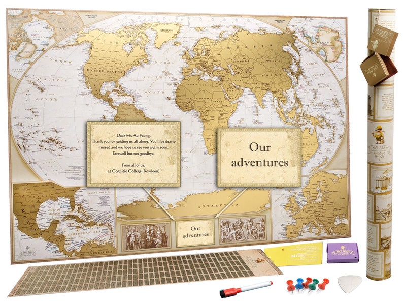 Personalized Travel Map of the World Scratch off with Push Pins - Custom World Map Scratch off