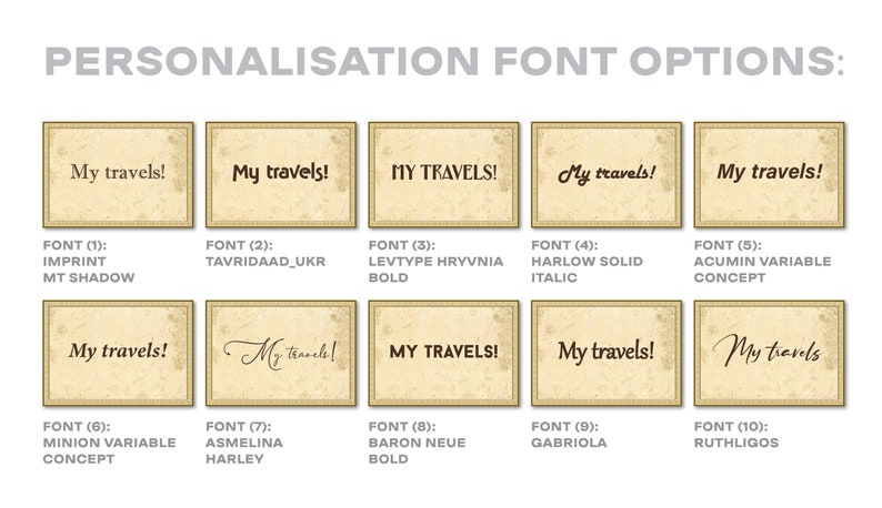 May include: A grid of ten rectangular cards featuring the text My travels! in various fonts. The cards have a light tan background with a subtle map pattern and a thin border. The font names are listed below each card, labeled from 1 to 10.