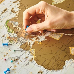 Personalized Travel Map of the World Scratch off with Push Pins - Custom World Map Scratch off