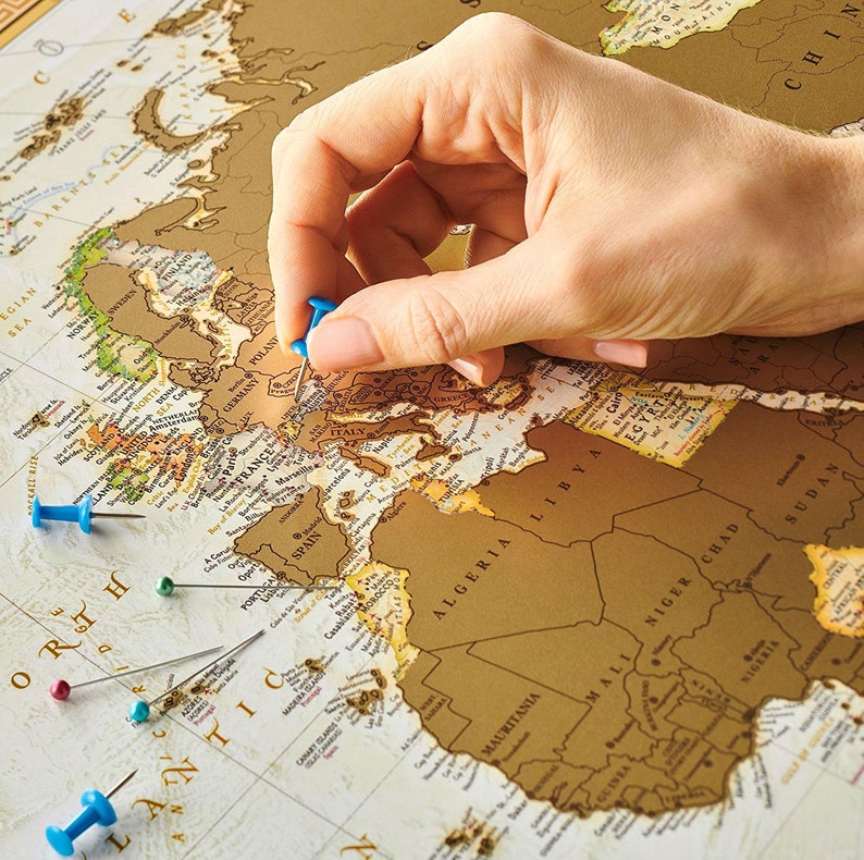 Personalized Travel Map of the World Scratch off with Push Pins - Custom World Map Scratch off