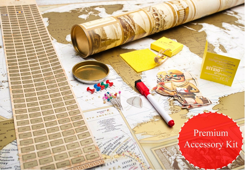 Personalized Travel Map of the World Scratch off with Push Pins - Custom World Map Scratch off