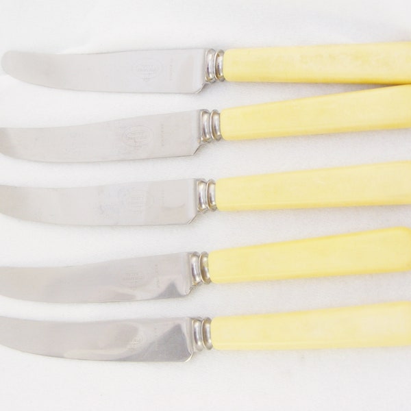 5 Unity or Trustwell Sheffield Dinner Table Knives Antique Cutlery Art Deco Yellow Composite Handles Vintage