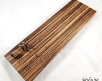 Handmade solid hardwood cribbage board made from exotic zebrawood w/ pegs and peg storage included - engraving available!