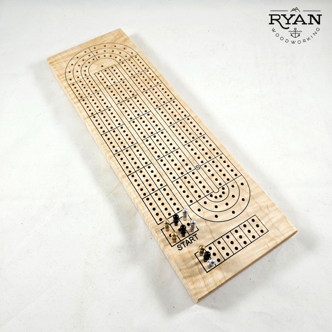 Handmade Solid Hardwood Cribbage Board Made From Curly Maple W/ Pegs