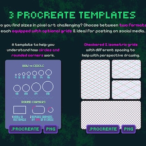 Puede incluir: Plantillas de arte digital para Procreate, con gu&iacute;as de pixel art. Incluye plantillas para comprender c&iacute;rculos, esquinas redondeadas y cuadr&iacute;culas a cuadros e isom&eacute;tricas. Ideal para redes sociales.