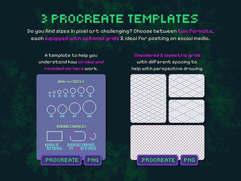 Puede incluir: Plantillas de arte digital para Procreate, con gu&iacute;as de pixel art. Incluye plantillas para comprender c&iacute;rculos, esquinas redondeadas y cuadr&iacute;culas a cuadros e isom&eacute;tricas. Ideal para redes sociales.