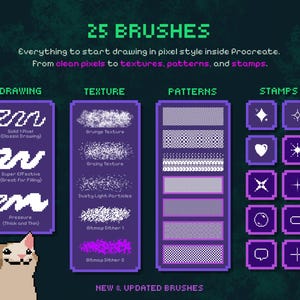 Puede incluir: Imagen que muestra 25 pinceles de pixel art para Procreate, categorizados en dibujo, textura, patrones y sellos. La imagen incluye ejemplos de cada tipo de pincel, con descripciones de texto. Un gato pixelado est&aacute; en la esquina inferior izquierda.