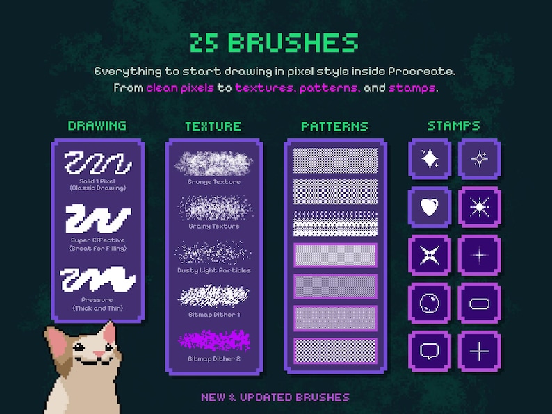 Puede incluir: Imagen que muestra 25 pinceles de pixel art para Procreate, categorizados en dibujo, textura, patrones y sellos. La imagen incluye ejemplos de cada tipo de pincel, con descripciones de texto. Un gato pixelado est&aacute; en la esquina inferior izquierda.