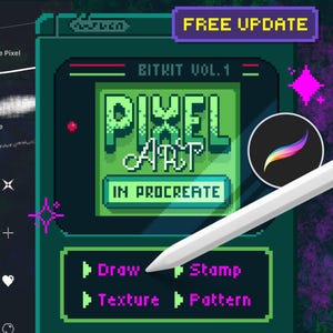 May include: A digital art graphic with a retro video game aesthetic. The image features the text "PIXEL ART IN PROCREATE" in a pixelated font, with a stylus pointing towards the interface. The color palette includes shades of green, purple, and white.