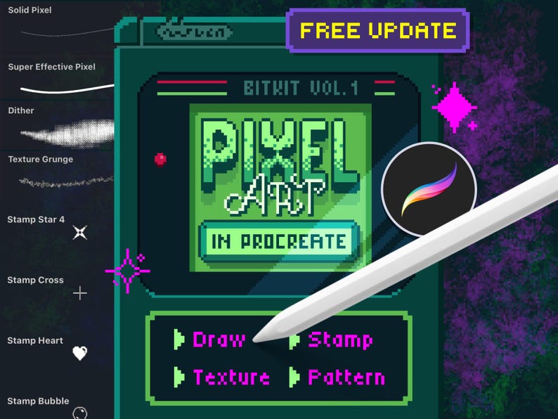 Puede incluir: Gr&aacute;fico de arte digital con una est&eacute;tica de videojuego retro. La imagen presenta el texto "PIXEL ART IN PROCREATE" en una fuente pixelada, con un l&aacute;piz &oacute;ptico que apunta a la interfaz. La paleta de colores incluye tonos de verde, morado y blanco.