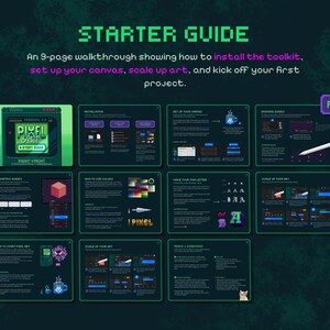 Puede incluir: Una gu&iacute;a de inicio de arte digital con un fondo verde oscuro. La gu&iacute;a incluye un recorrido de 9 p&aacute;ginas sobre c&oacute;mo instalar el kit de herramientas, configurar el lienzo, escalar el arte e iniciar un proyecto. La gu&iacute;a est&aacute; etiquetada como "STARTER GUIDE".