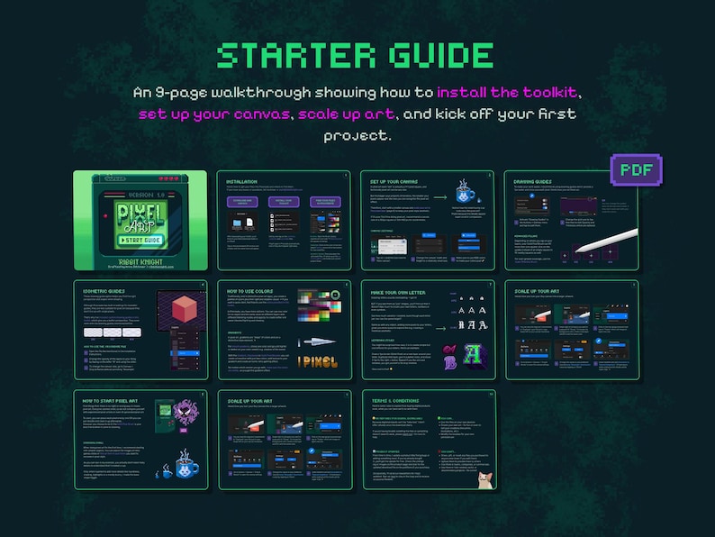 Puede incluir: Una gu&iacute;a de inicio de arte digital con un fondo verde oscuro. La gu&iacute;a incluye un recorrido de 9 p&aacute;ginas sobre c&oacute;mo instalar el kit de herramientas, configurar el lienzo, escalar el arte e iniciar un proyecto. La gu&iacute;a est&aacute; etiquetada como "STARTER GUIDE".