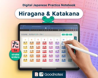 May include: A digital Japanese practice notebook app on a tablet screen. The app features a chart of Hiragana and Katakana characters with stroke order instructions. The app is called "Goodnotes" and is shown on a tablet with a stylus.
