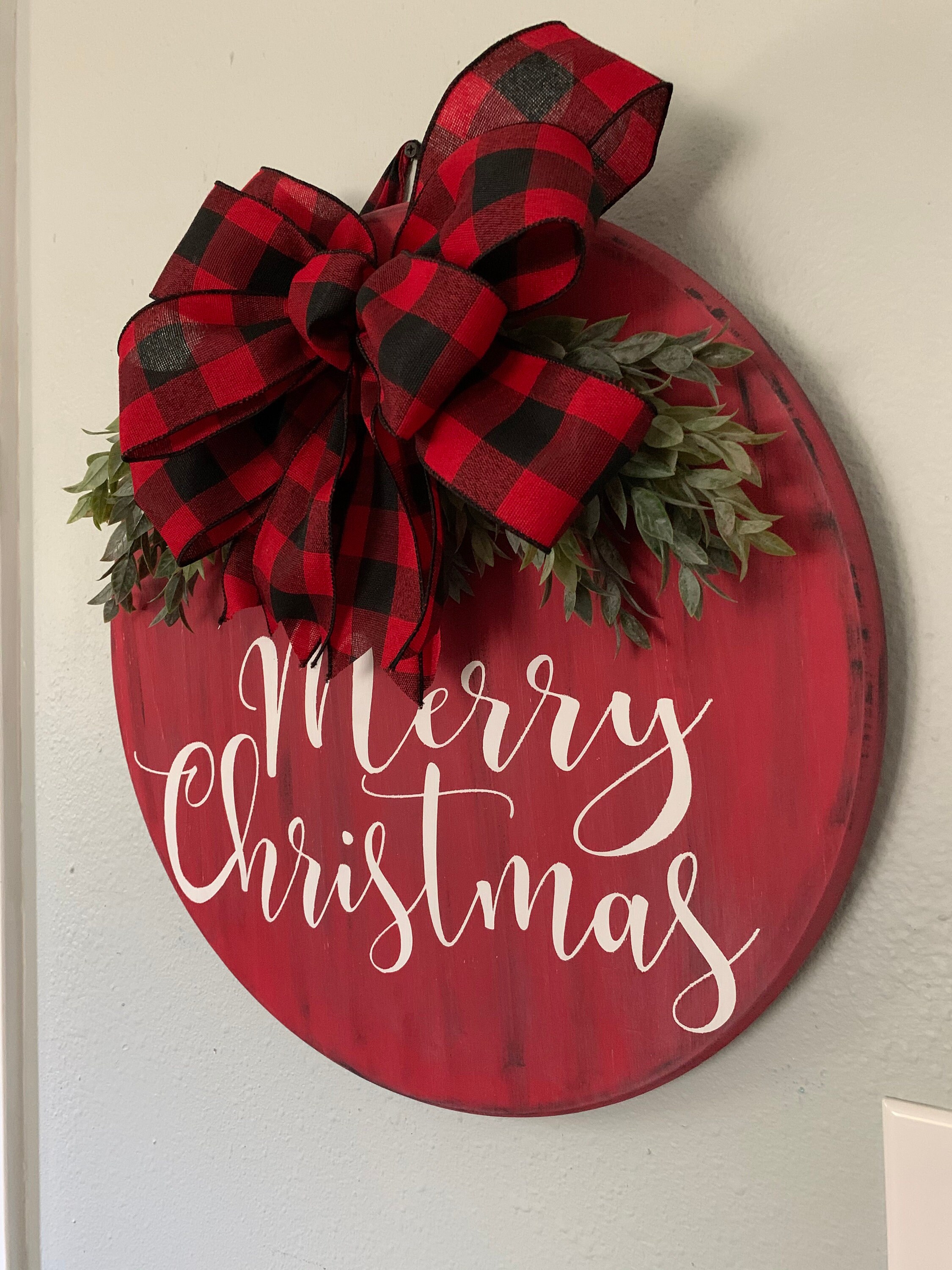Merry Christmas Wood DOor Hanger WIth GReenery aNd BUffalo | Etsy