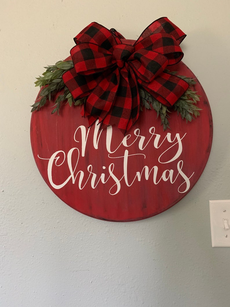 Merry Christmas Wood DOor Hanger WIth GReenery aNd BUffalo | Etsy
