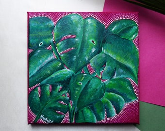 Feuilles de Monstera tropicales peinture - acrylique sur toile 20 x 20 cm