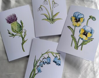 A5 Fine Art Watercolour Greeting Card - Scottish wildflowers, pansies, thistle, snowdrop, bluebell