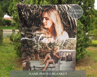 Personalized Plush Photo Blanket, Custom Name Throw, Keepsake Gift