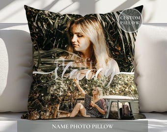 Personalized Photo Collage Throw Pillow, Custom Name Gift
