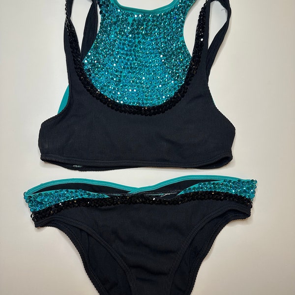 Turquoise and Black Swarovski Crystal High Neck Double Layer Bikini Set