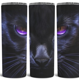 Moonlit Black Cat with Purple Eyes Face Close Up - Stainless Steel Hot Cold Tumbler - Happy Halloween - Cat Lovers Gift - Animal Lover Gift