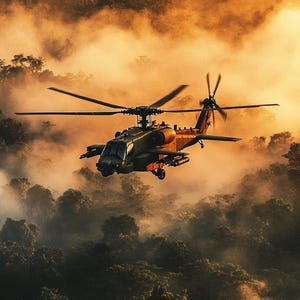 May include: A dark green military attack helicopter with a four-blade main rotor and a tail rotor, flying over a dense forest canopy filled with thick, golden-hued fog and smoke that obscures the lower parts of the trees and the ground.