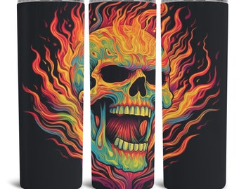 Psychedelic Flaming Skull - Stainless Steel Hot or Cold Tumbler - Halloween Horror - Scary Skull - Dark Flaming Skull - Gothic Gift Idea