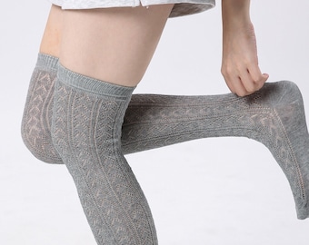 Heather grey Soft Diamond Stripe Pointelle Over the knee socks Knitted Boot Socks Gift for Her