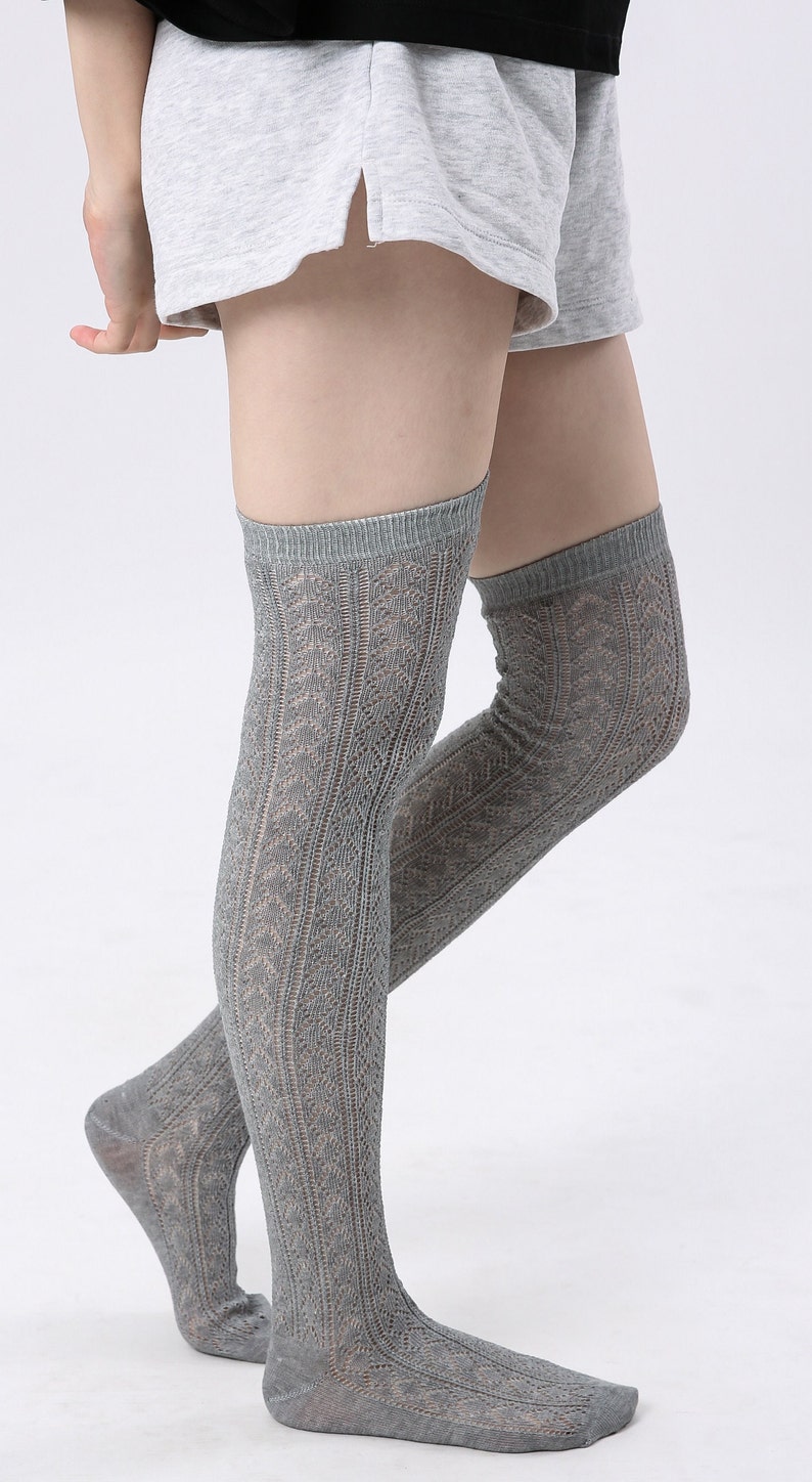Heather grey Soft Diamond Stripe Pointelle Over the knee socks Knitted Boot Socks Gift for Her image 6