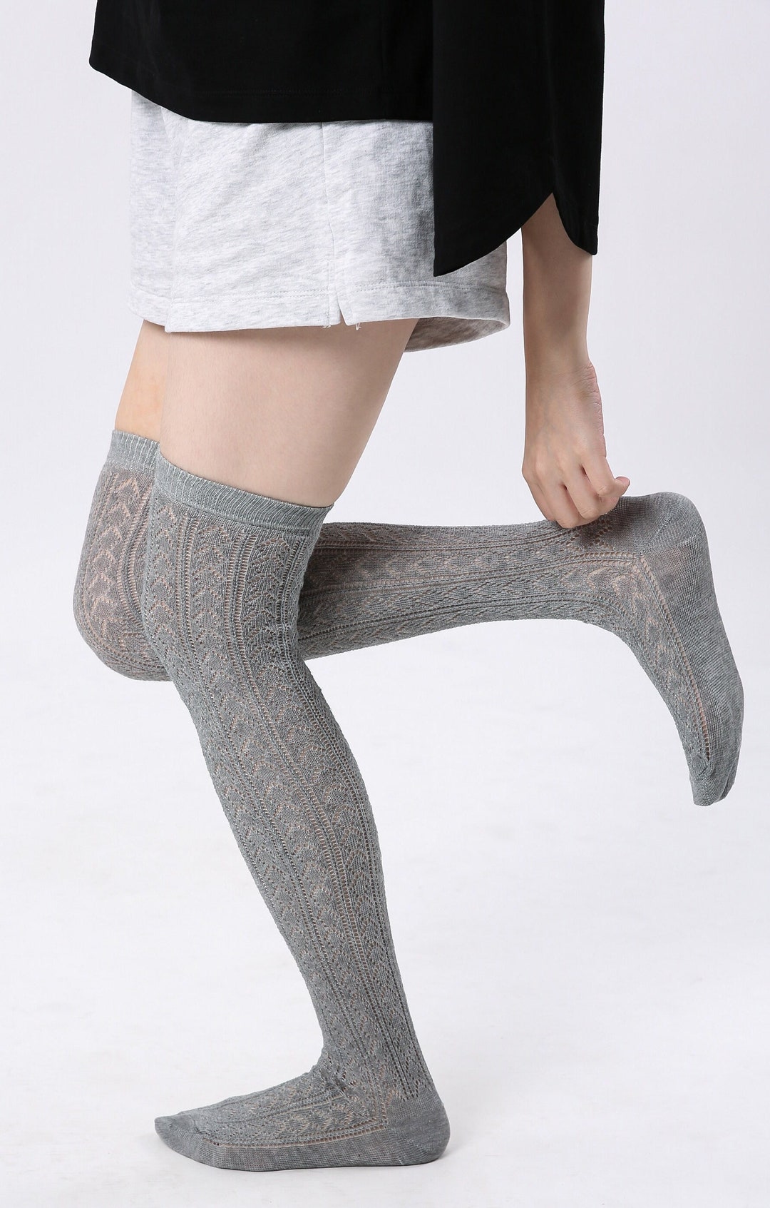 Heather Grey Soft Diamond Stripe Pointelle Over the Knee Socks Knitted ...