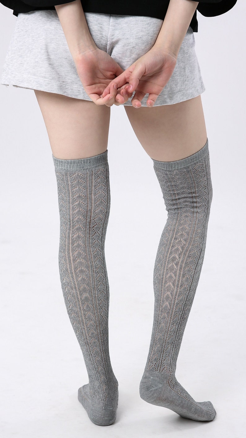 Heather grey Soft Diamond Stripe Pointelle Over the knee socks Knitted Boot Socks Gift for Her image 7