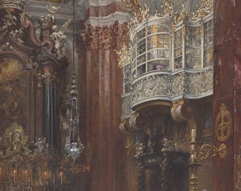 Adolph Menzel : The Interior of the Jacobskirche at Innsbruck (1872) Canvas Gallery Wrapped Giclee Wall Art Print (D6040)