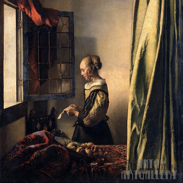 Johannes Vermeer : Fille lisant une lettre par une fenêtre ouverte (1657-1659) Impression giclée d'art murale sur toile tendue ou encadrée (D6045)