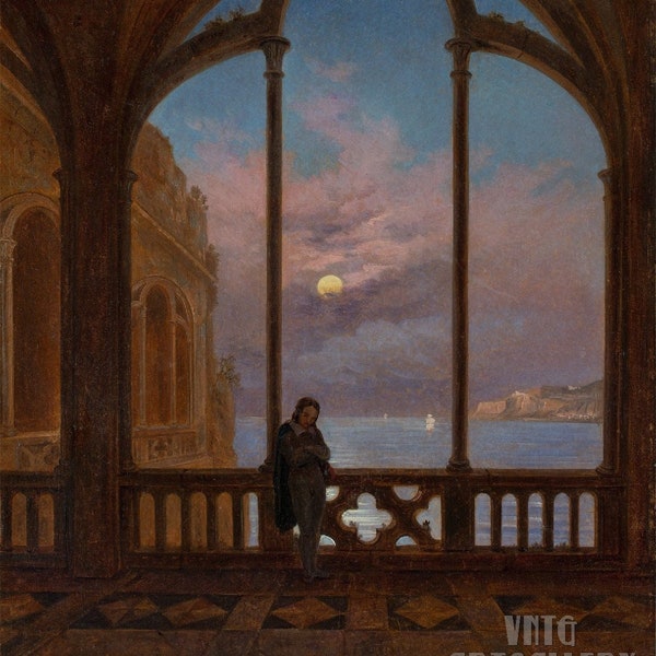 Carl Gustav Carus : Erinnerung an Neapel Mondnacht über dem Mittelmeer (1832) Canvas Gallery Wrapped or Framed Giclee Wall Art Print (D6050)