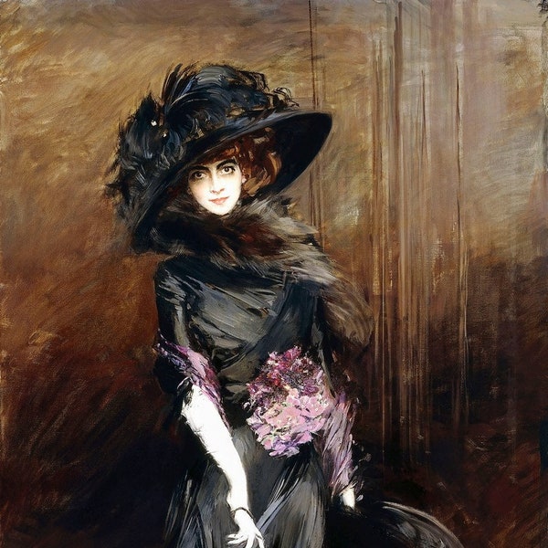 Giovanni Boldini : Marchesa Luisa Casati avec un lévrier (1908) Impression giclée d'art mural sur toile tendue ou encadrée (D6035)