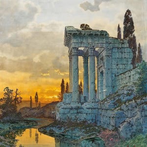 Ferdinand Knab - Landschaft im Süden mit den Ruinen eines antiken Tempels (19th century) Leinwanddruck (D6050)