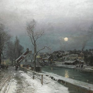 Anders Andersen-Lundby : A Busy Town in Moonlight (1882) Canvas Gallery Wrapped or Framed Giclee Wall Art Print Digitally Remastered (D4060)