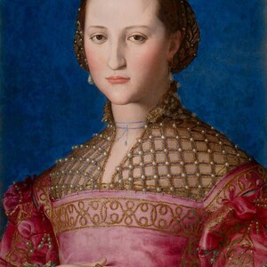 Agnolo Bronzino: Eleonora di Toledo (1543) Stampa artistica su tela, incorniciata o avvolta in una galleria, giclée, rimasterizzata digitalmente (D6045)