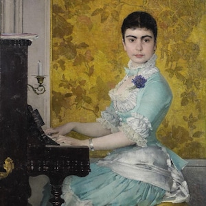 Charles Giron: Jeune Femme Au Piano (1880) Stampa artistica su tela con cornice o avvolto in una galleria, rimasterizzata digitalmente (D6045)