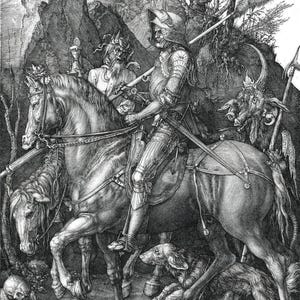 Alberto Durero: El caballero de la Muerte y el Diablo (1513). Impresión giclée sobre lienzo, enmarcada o enmarcada, remasterizada digitalmente (D6045).