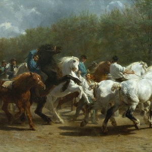 Rosa Bonheur: Fiera dei cavalli (1852) Stampa artistica su tela, incorniciata o avvolta in una galleria, giclée, rimasterizzata digitalmente (D3060)