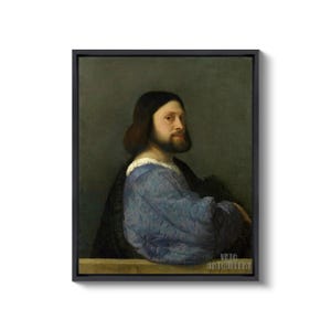 Tiziano: Ritratto di un uomo con una manica trapuntata (1510) Stampa artistica da parete Giclée su tela, incorniciata o avvolta in una galleria, rimasterizzata digitalmente (D6050) Black Floating Frame Canvas