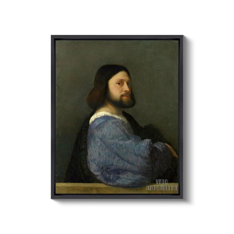 Tiziano: Ritratto di un uomo con una manica trapuntata (1510) Stampa artistica da parete Giclée su tela, incorniciata o avvolta in una galleria, rimasterizzata digitalmente (D6050) Black Floating Frame Canvas