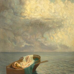 Robert Knöbel: Figura sognante in una barca, sotto un cielo tempestoso (1874) Stampa artistica da parete Giclée su tela con cornice o avvolto in una galleria (D6050)