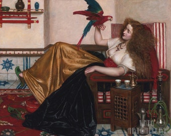 Valentine Cameron Prinsep : Reclining Woman with a Parrot (1865) Canvas Gallery Wrapped or Framed Giclee Wall Art Print (D5060)