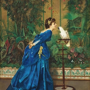 Auguste Toulmouche : Lady With A Parrot (19th century) Canvas Gallery Wrapped or Framed Giclee Wall Art Print (D6050)