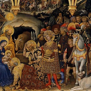 Gentile da Fabriano: Adorazione dei Magi (1423) Stampa artistica su tela incorniciata o avvolta in una galleria d'arte Giclée, rimasterizzata digitalmente (D4060)